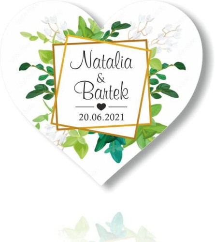 Młoda Para, Magnesy na lodówkę, Podziękowania dla gości, Białe kwiaty, zielone liście, złota ramka