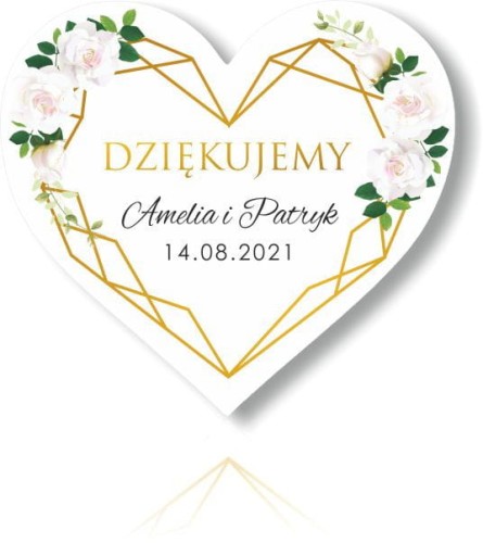 Magnes serce, Podziękowania dla gości, Białe róże, kwiaty , złota ramka