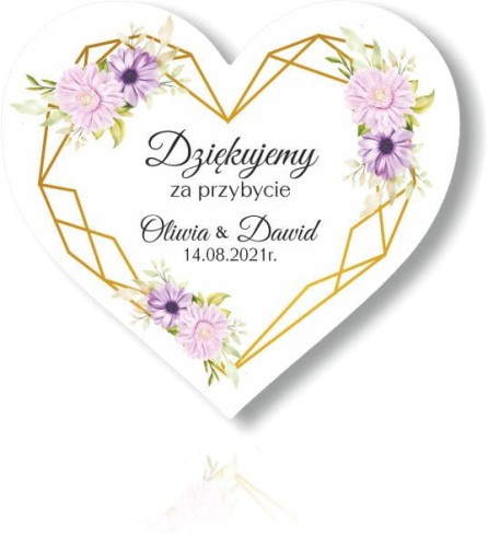 Magnes serce jako Podziękowania dla gości weselnych , Gerbery, fioletowe i różowe kwiaty