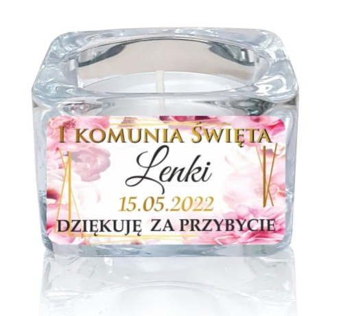 Szklany świecznik z naklejką - 5szt, Świeczka, Komunia, Podziękowanie dla gości