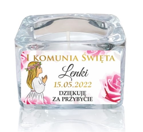 5 szt. Szklany świecznik z naklejką, Świeczka, Komunia, Podziękowanie dla gości, Róże