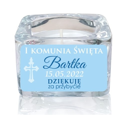 5 szt. Szklany świecznik z naklejką, Świeczka, Komunia, Podziękowanie dla gości