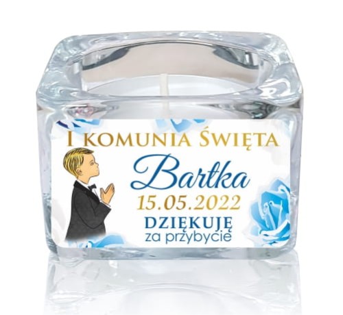 5 szt. Szklany świecznik z naklejką, Chłopiec, Świeczka, Komunia, Podziękowanie dla gości