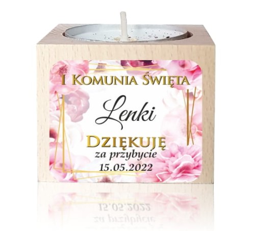 Drewniany świecznik z naklejką, Świeczka, Komunia, Podziękowanie dla gości