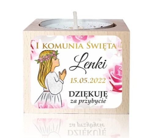 Drewniany świecznik z naklejką, Świeczka, Komunia, Podziękowanie dla gości, dziewczynka