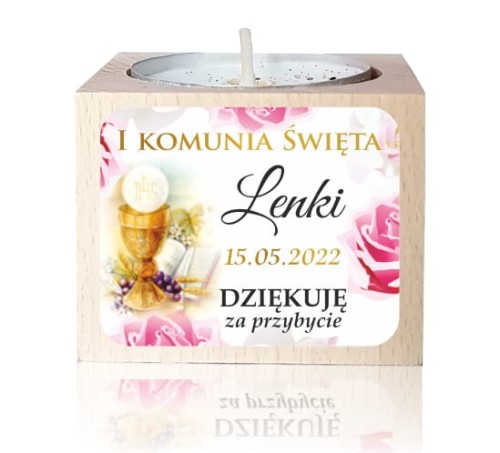 Drewniany świecznik z naklejką, Świeczka, Komunia, Podziękowanie dla gości