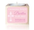 Drewniany świecznik z naklejką, Świeczka, Komunia, Podziękowanie dla gości