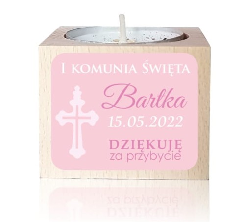 Drewniany świecznik z naklejką, Świeczka, Komunia, Podziękowanie dla gości