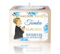 świeczka z naklejką, Świecznik, chłopiec, Komunia, Podziękowanie dla gości