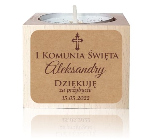 Drewniany świecznik, naklejka,  Eko, Kraft, Świeczka, Komunia, Podziękowanie dla gości
