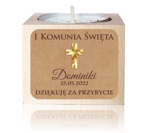 Drewniany świecznik Eko, Kraft, Nakelejka, Świeczka, Komunia, Podziękowanie dla gości