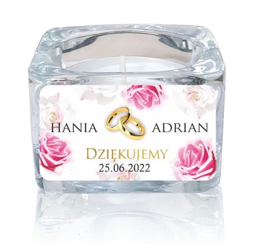 Zestaw 5 szt., Świecznik szklany, Obrączki, Podziękowanie dla gości, ŚLUB
