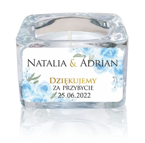 Zestaw 5 szt., Świecznik szklany, Niebieskie Kwiaty, Podziękowanie dla gości, ŚLUB