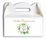 Pudełko na ciasto,  Podziękowania dla gości, Białe kwiaty, zielone liście, złota ramka CIAS503