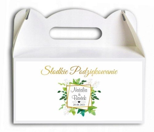 Pudełko na ciasto, podziękowanie dla gości, Magnes, Podziękowania dla gości, Białe kwiaty, zielone liście, złota ramka