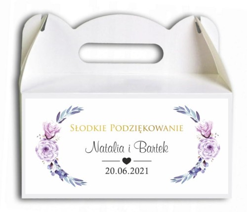 Pudełko na ciasto, Podziękowania dla gości, Fioletowe kwiaty ze złotą ramką CIAS505