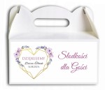 Pudełko na ciasto, Podziękowania dla gości, Fioletowe kwiaty ze złotą ramką w kształcie serca  CIAS605