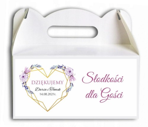 Pudełko na ciasto, Podziękowania dla gości, Fioletowe kwiaty ze złotą ramką w kształcie serca CIAS605