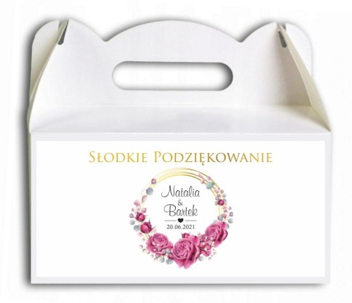 Pudełko na ciasto, Podziękowania dla gości, Purpurowe róże, złoty pierścień CIAS506