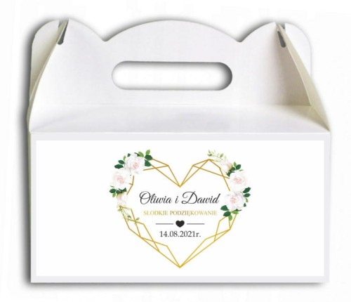 Pudełko na ciasto, Podziękowania dla gości, Białe róże, kwiaty, złota ramka CIA607