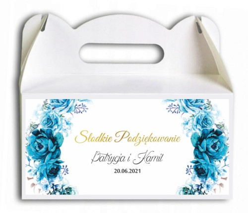 Pudełko na ciasto, Podziękowania dla gości, Wianek z niebieskich kwiatów, niebieskie róże