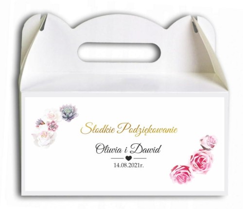 Pudełko na ciasto, Podziękowania dla gości,białe i różowe kwiaty, róże, złota ramka CIAS514
