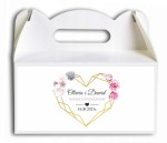 Pudełko na ciasto, Podziękowania dla gości, białe i różowe kwiaty, róże, złota ramka CIAS614