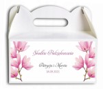 Pudełko na ciasto, Podziękowania dla gości, różowe frezje, kwiaty, złota ramka CIAS515