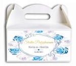 Pudełko na ciasto, Podziękowania dla gości, białe i niebieski róże CIAS520