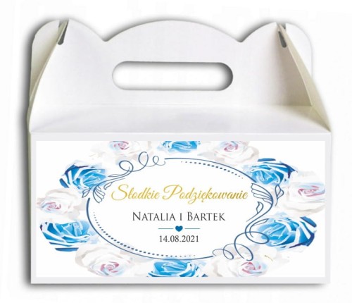 Pudełko na ciasto, Podziękowania dla gości, białe i niebieski róże CIAS520