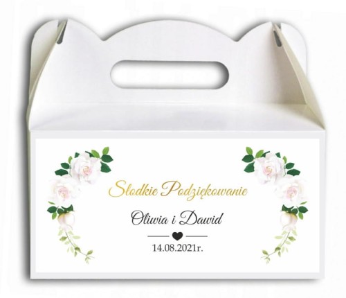 Pudełko na ciasto, Podziękowania dla gości, Białe róże, kwiaty, złota ramka CIAS507