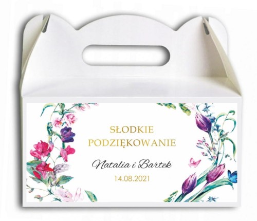 Pudełko na ciasto, Podziękowania dla gości,fioletowe i różowe kwiaty, złota ramka CIA526