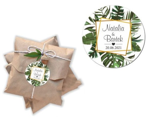 Naklejki personalizowne 50 szt., Podziękowania dla gości, Tropikalne liście, Monstera