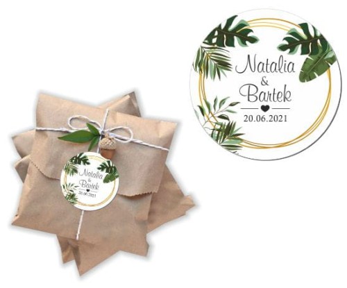 Naklejki personalizowne 50 szt. 4x4cm, Podziękowania dla gości, Tropikalne liście, Monstera