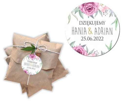 Naklejki personalizowne 50 szt. 4x4cm, Podziękowania dla gości, Kwiaty, Róże