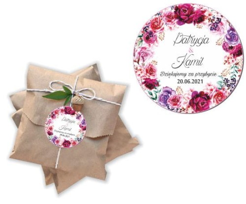 Naklejki personalizowne 50 szt. 4x4cm, Wianek, Różowe róże