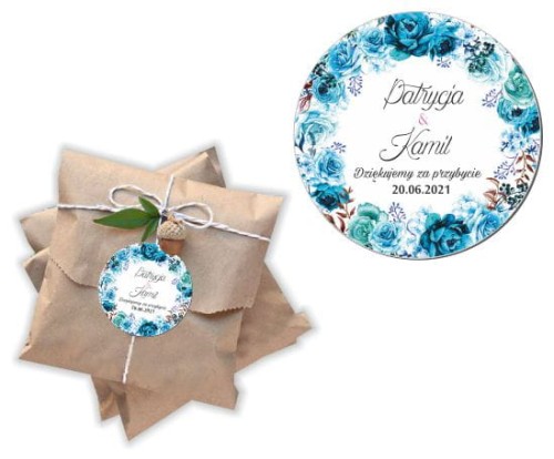 Naklejki personalizowne 50 szt. 4x4cm, Wianek, Niebieski róże