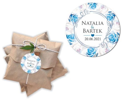 Naklejki personalizowne 50 szt. 4x4cm, Białe i niebieskie róże, Podziękowania dla gości