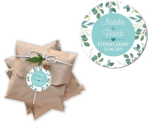 Naklejki personalizowne 50 szt. 4x4cm, Turkusowy magnes, Zielone liście