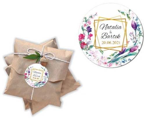 Naklejki personalizowne 50 szt. 4x4cm, Fioletowe i różowe kwiaty, złota ramka