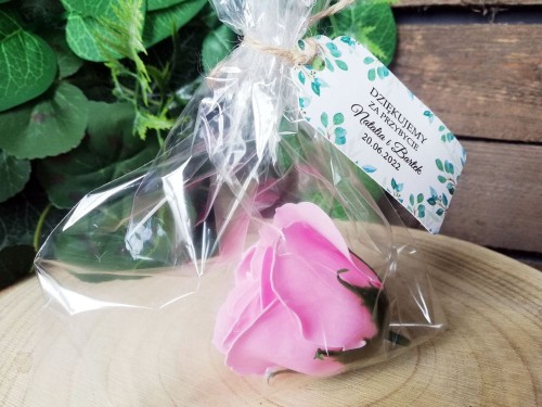 Róża mydlana z woreczkiem, zawieszka liście eukaliptusa, podziękowanie dla gości weselnych