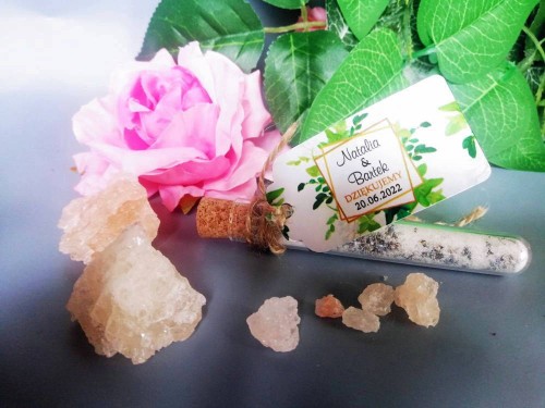 Probówka z solą do kąpieli, zawieszka, liście eukaliptusa, podziękowanie dla gości