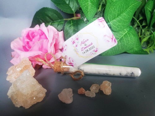 Probówka z solą do kąpieli, zawieszka, różowe magnolie, podziękowanie dla gości