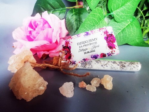 Probówka z solą do kąpieli, zawieszka, wianek róże , podziękowanie  dla gości weselnych