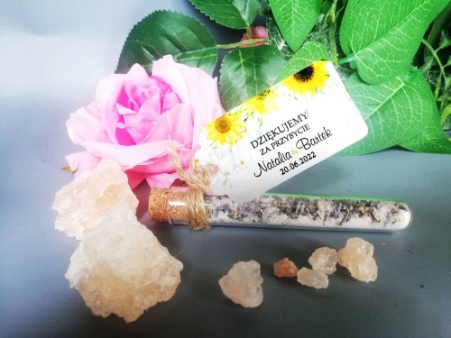 Probówka z solą do kąpieli, zawieszka, słoneczniki, podziękowanie  dla gości weselnych, ślub