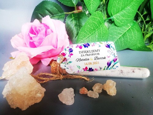 Sól kąpielowa w probówce, podziękowanie dla gości weselnych, polne kwiaty róże