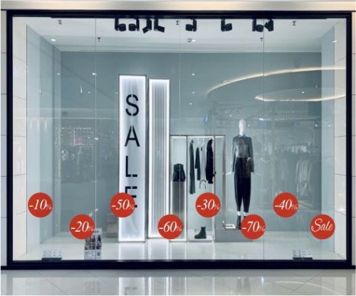Naklejki rabatowe na witrynę, szybę, 8 szt., -20%, -30%, -50%