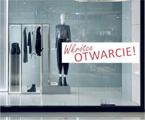 Biała naklejka "Wkrótce OTWARCIE" na witrynę, szybę