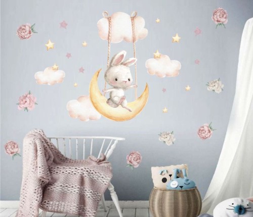 Naklejki dla dziewczynki i chłopca, króliczek siedzący na księżycu