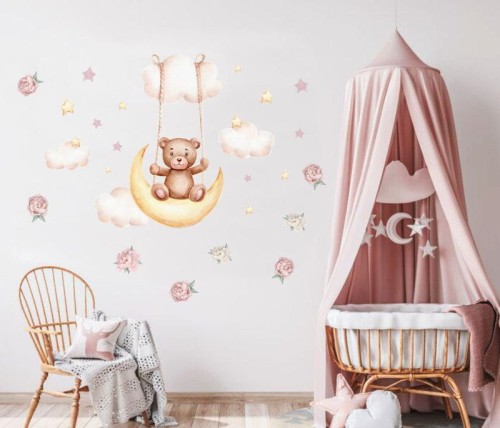 Naklejka dla dzieci nad łóżeczko, miś siedzący na księżycu